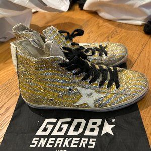 Golden Goose High Top Gold Sparkly Sneakers Size 8